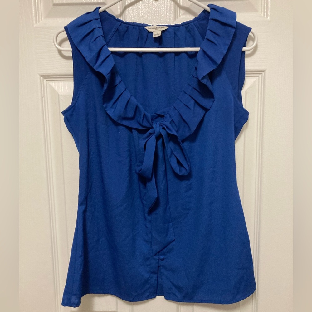 •Banana Republic Royal Blue Ruffle V-Neck Small Button Down Blouse #A